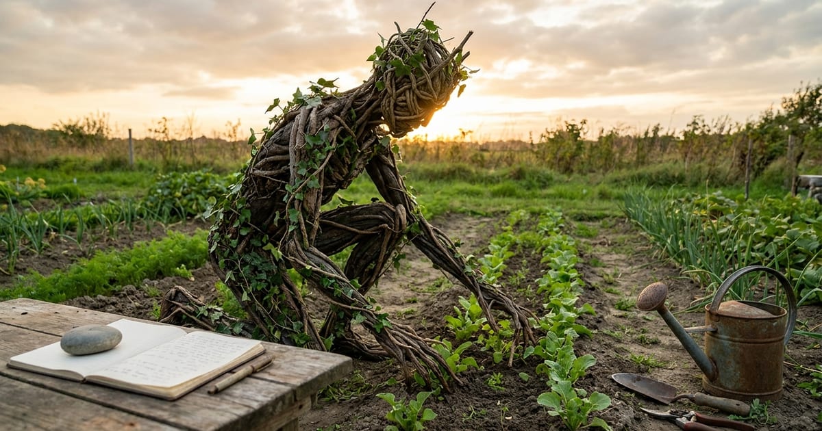 A figure of bark and climbing vines kneels in a small garden at sunset, head bent toward the work; a wooden table at the edge holds an open notebook weighted with a stone, a watering can and trowel nearby.