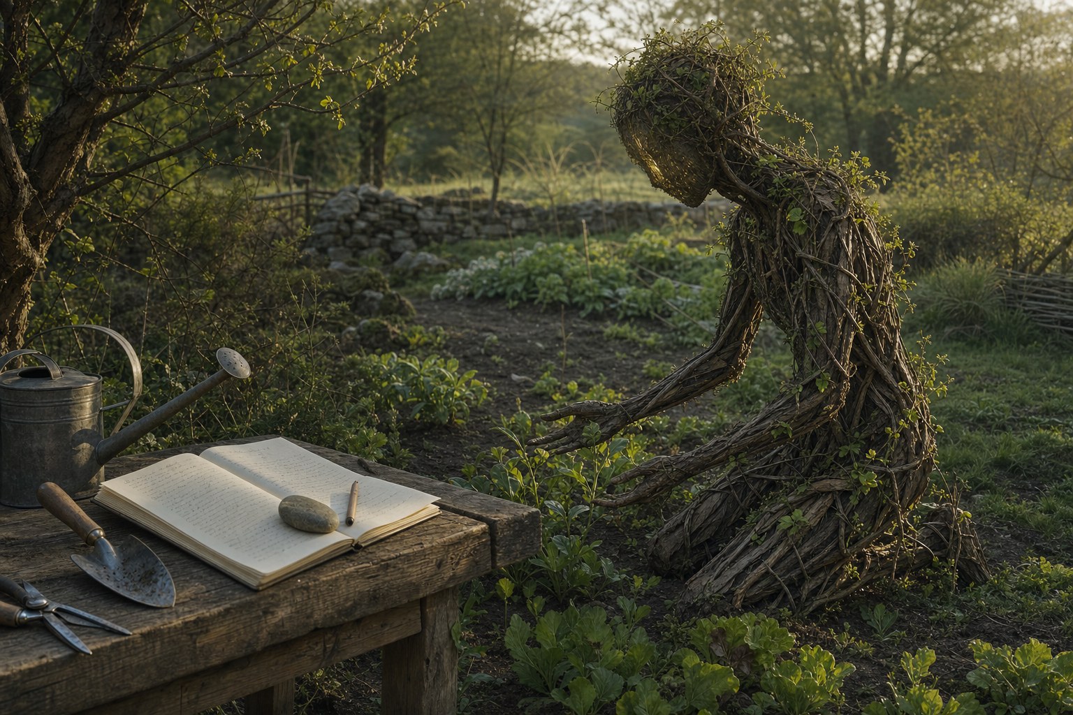 The same prompt rendered by a different model: a figure woven from twigs and vines kneels among low plants, one hand open toward them, its face a glow inside the woven head; in the foreground a rough wooden table holds an open notebook weighted with a stone, a pen, a trowel, shears, and a watering can.